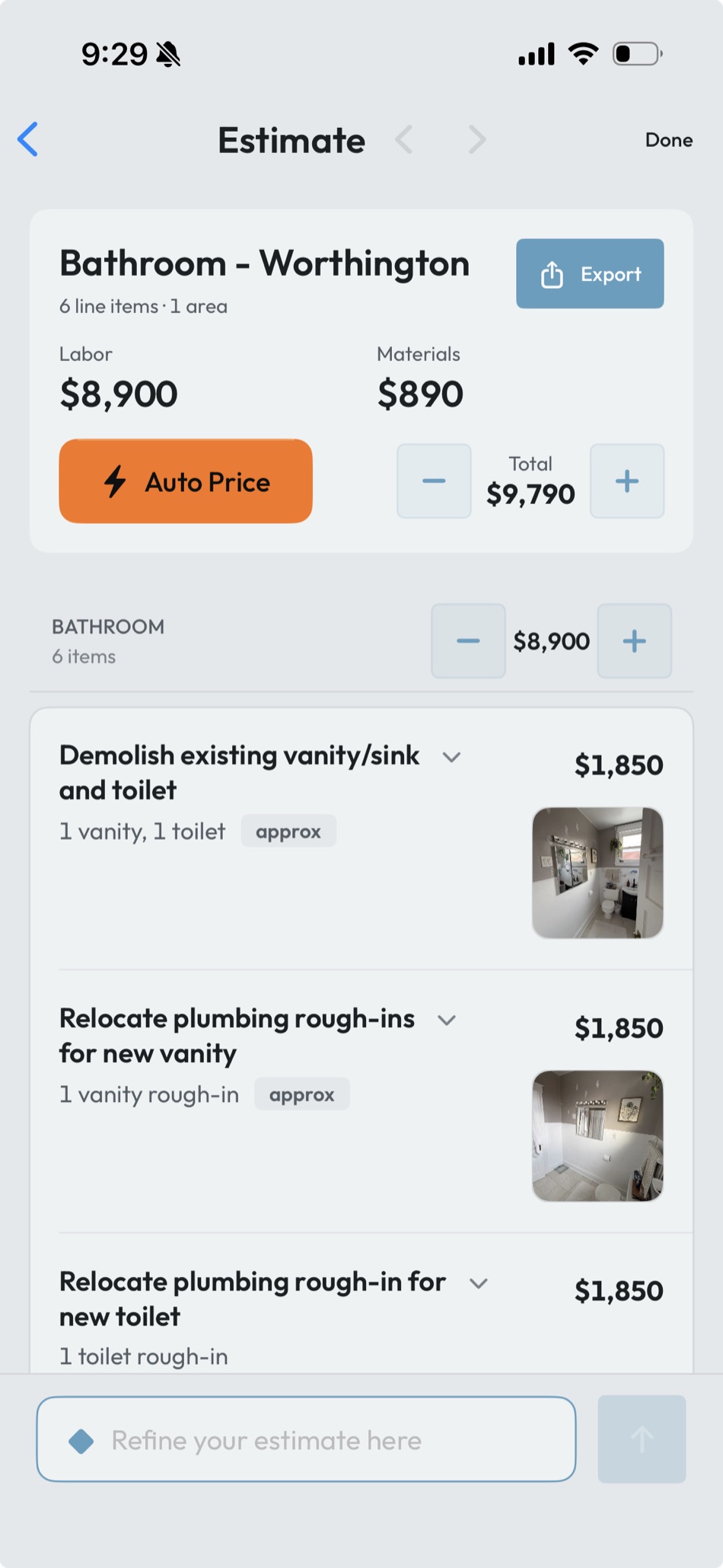 The Estimate screen in the RenoFriend app: a bathroom scope priced at $9,790 from the contractor&rsquo;s own labor and material rates